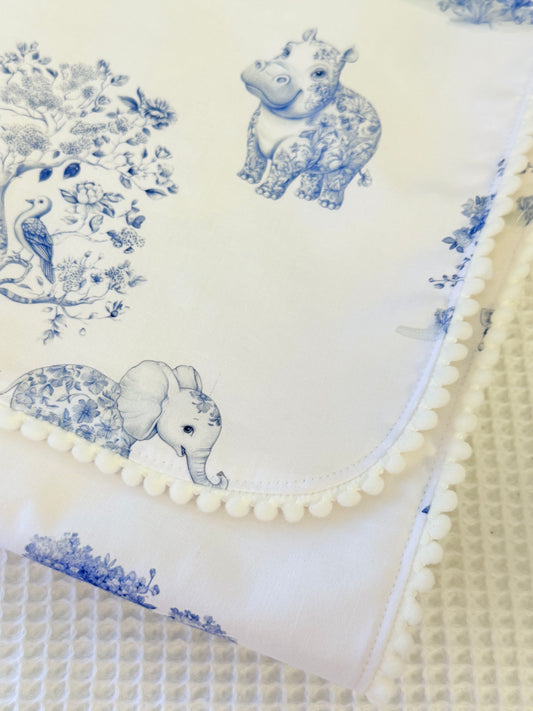Plaid toile de jouy savane bleu teddy écru