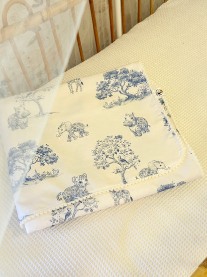 Plaid toile de jouy savane bleu teddy écru