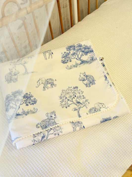 Plaid toile de jouy savane bleu teddy écru