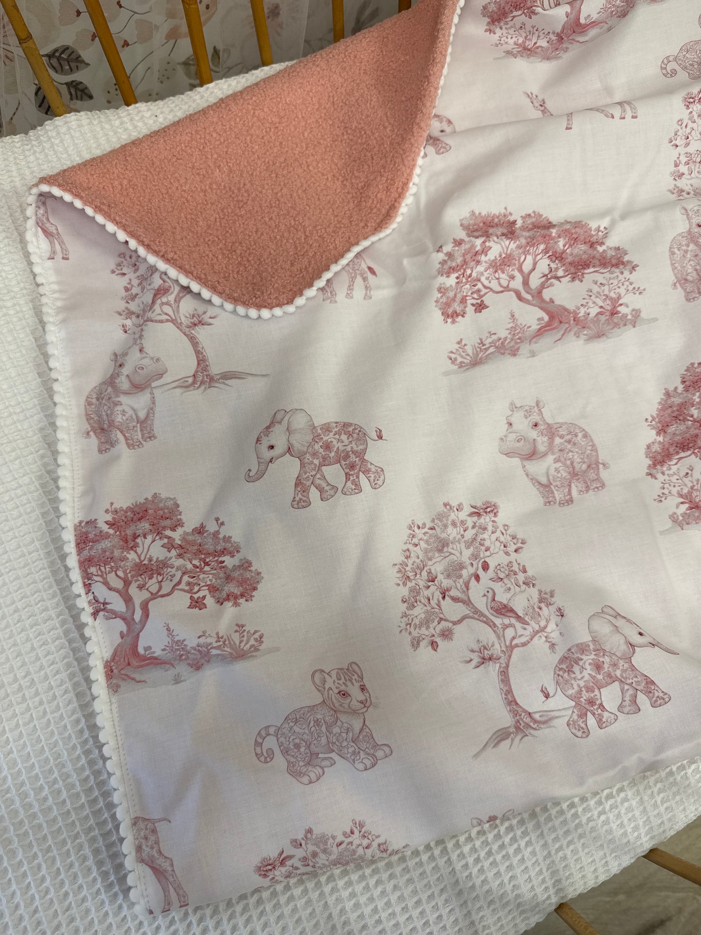 Plaid toile de jouy savane rose teddy vieux rose