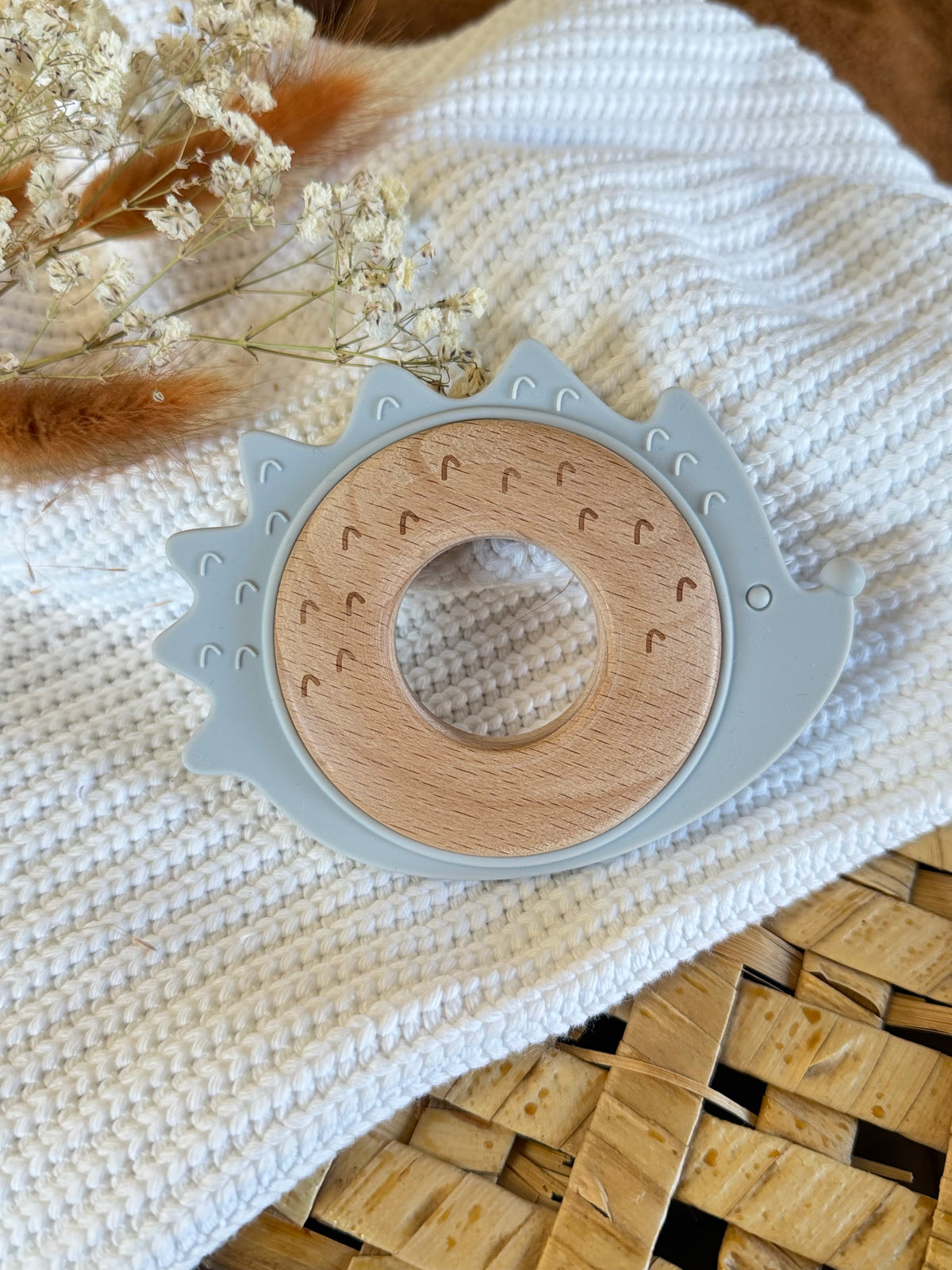 Jouet de dentition Herisson gris silicone et bois