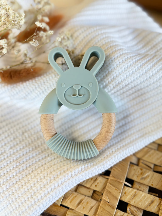 Jouet lapin gris en silicone et bois