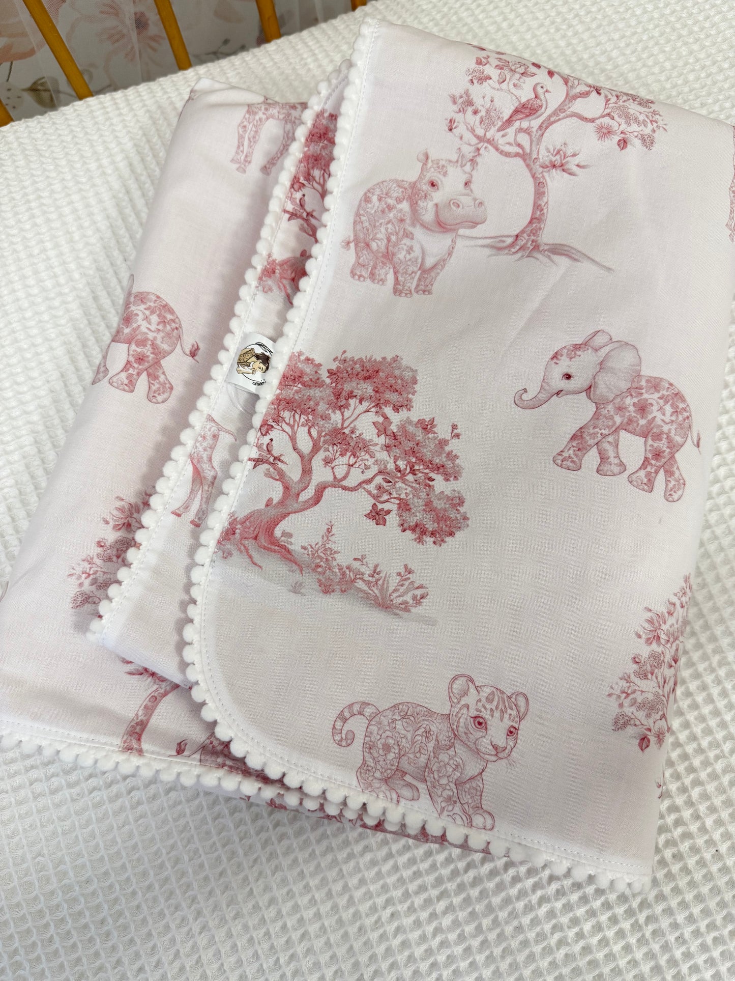 Plaid toile de jouy savane rose teddy vieux rose