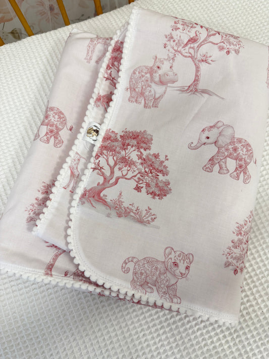Plaid toile de jouy savane rose teddy vieux rose