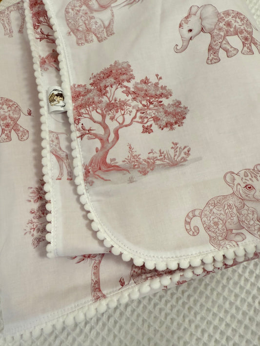 Plaid toile de jouy savane rose teddy vieux rose